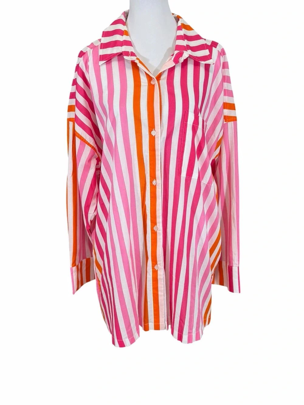 Beach Riot Alexa Coverup Button Down 100% Cotton Stripes Pink Orange Beach Swim